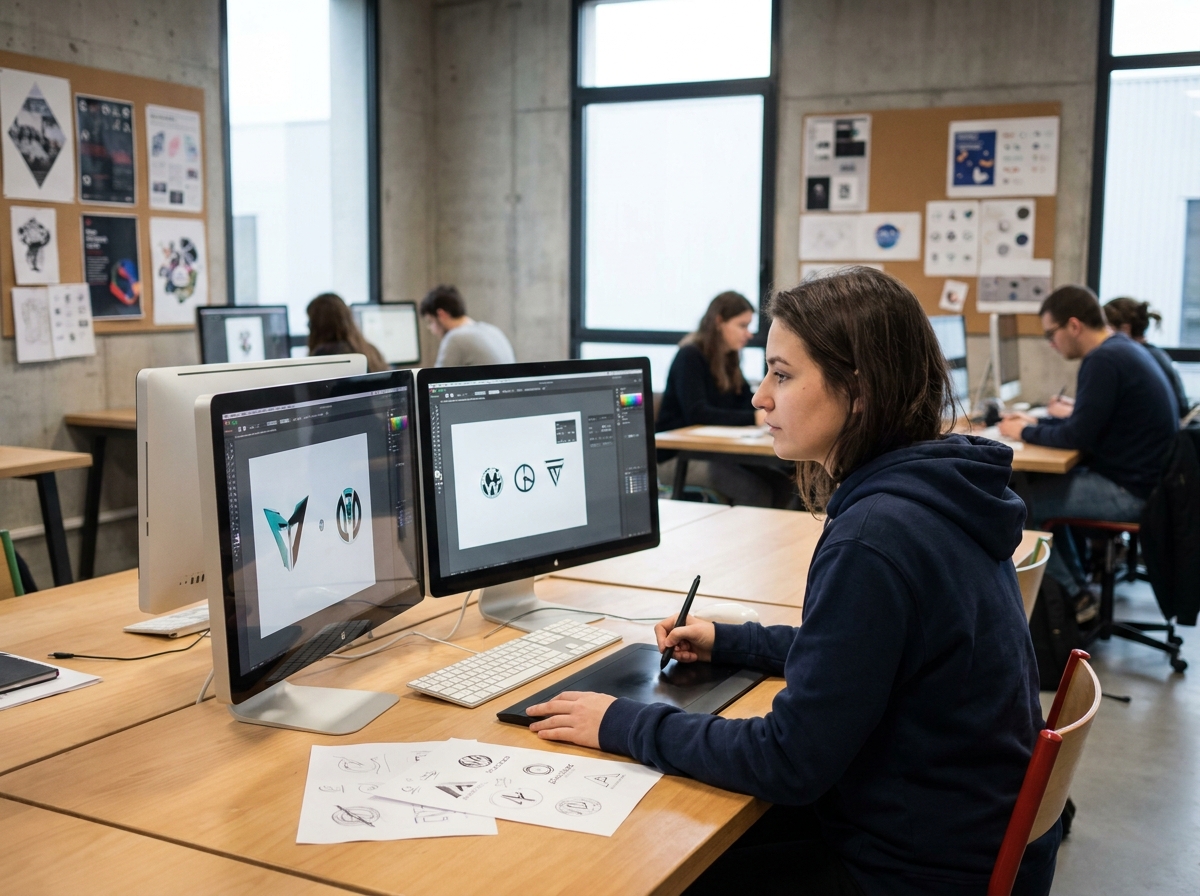 Étudiante en graphisme travaillant sur une tablette graphique dans un studio de design moderne en France