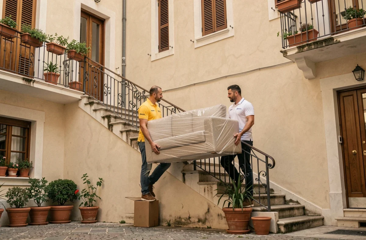 Équipe Eurodem Movers portant un canapé emballé dans la cage d'escalier d'un immeuble européen