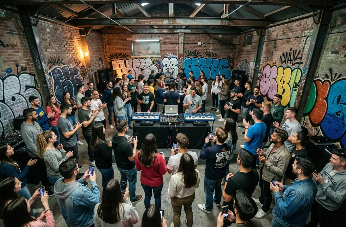 Communauté de fans de musique électronique réunie lors d'un événement live underground dans un entrepôt