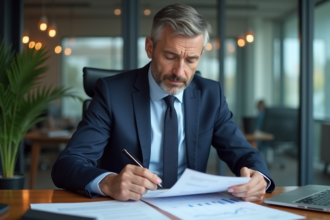 Homme d'affaires en costume bleu examine un rapport financier