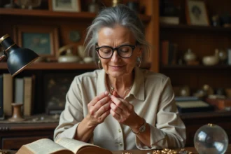 Experte en bijoux examinant un anneau en or ancien avec une loupe dans une boutique d'antiquités