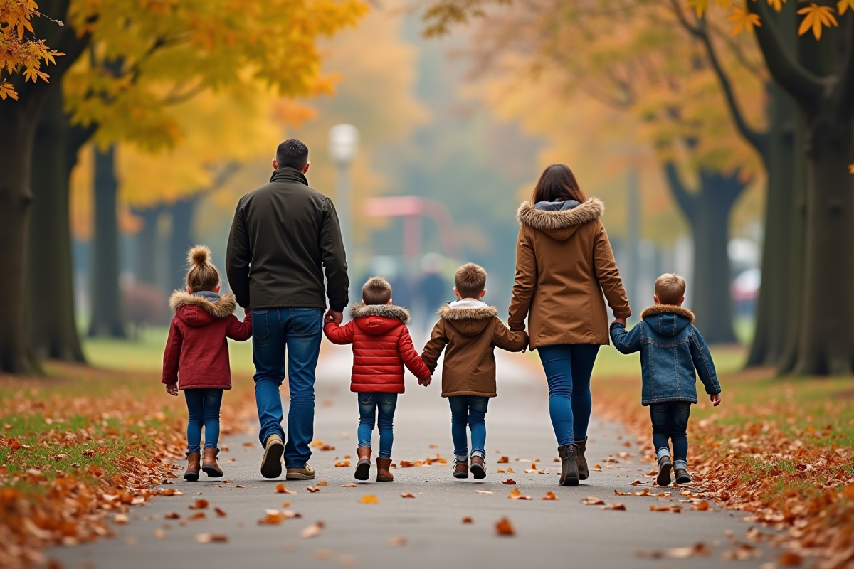 Famille en promenade dans un parc en automne avec feuilles