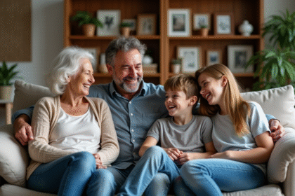 Famille multigeneration partageant un moment de rire dans le salon