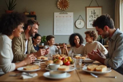 Famille française réunie autour d'un repas lors d'un jour férié, avec un calendrier 2026 visible en arrière-plan