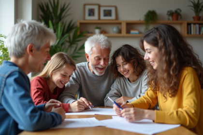 Famille multigenerations réunie autour d'une table en intérieur