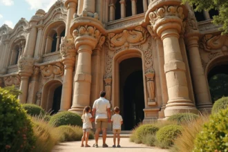 Famille admirant la façade du Palais Idéal du Facteur Cheval à Hauterives avec leurs enfants