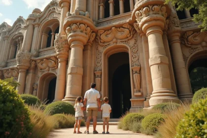 Famille admirant la façade du Palais Idéal du Facteur Cheval à Hauterives avec leurs enfants