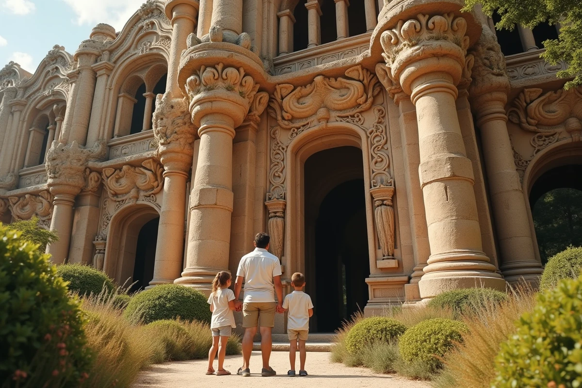 Famille admirant la façade du Palais Idéal du Facteur Cheval à Hauterives avec leurs enfants