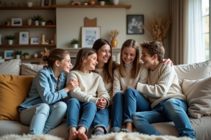 Famille recomposée souriante dans un salon moderne et chaleureux