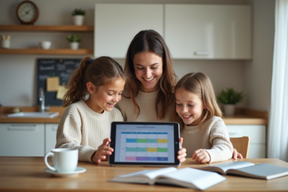 Mère et enfants regardant un calendrier numérique en famille
