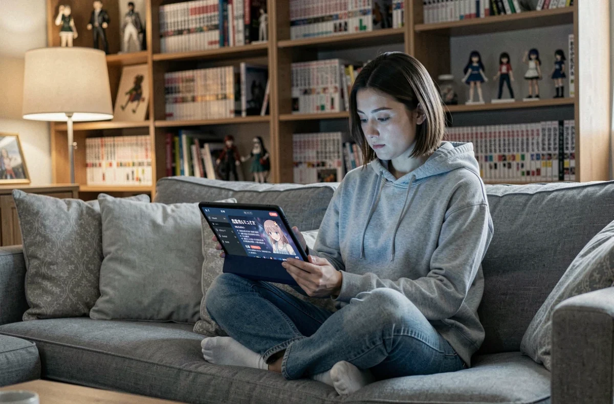 Jeune femme regardant un épisode d'anime One Piece sur une tablette dans un salon décoré de mangas et figurines