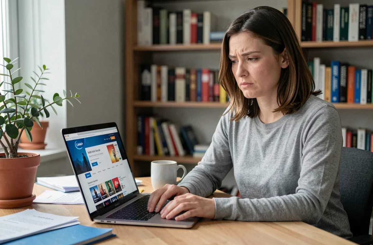 Femme consultant une page d'abonnement Canal+ sur son ordinateur portable dans un bureau à domicile