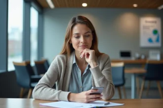 Femme dans une salle d'attente administrative moderne