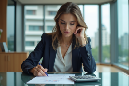 Femme d'affaires analysant des documents immobiliers dans un bureau moderne