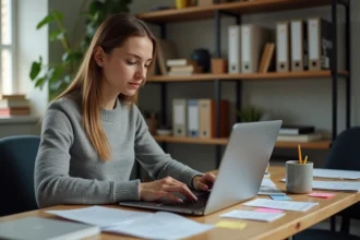 Femme analysant un site web suspect sur son ordinateur portable dans un bureau à domicile, expression sceptique et concentrée