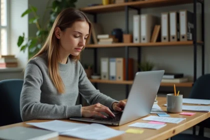 Femme analysant un site web suspect sur son ordinateur portable dans un bureau à domicile, expression sceptique et concentrée