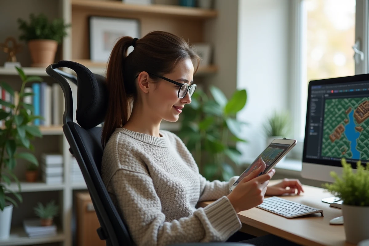 Femme dans un bureau moderne analysant Clash of Clans sur tablette