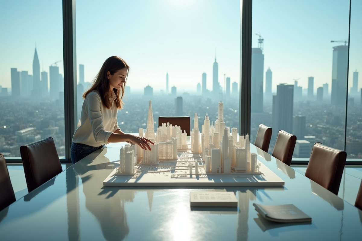 Jeune femme d affaires examinant un modele architectural