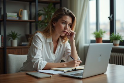 Femme concentrée prenant des notes devant un graphique ETF