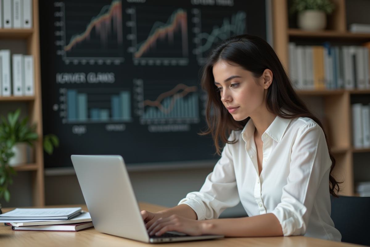 Jeune femme en bureau lisant des graphiques de données
