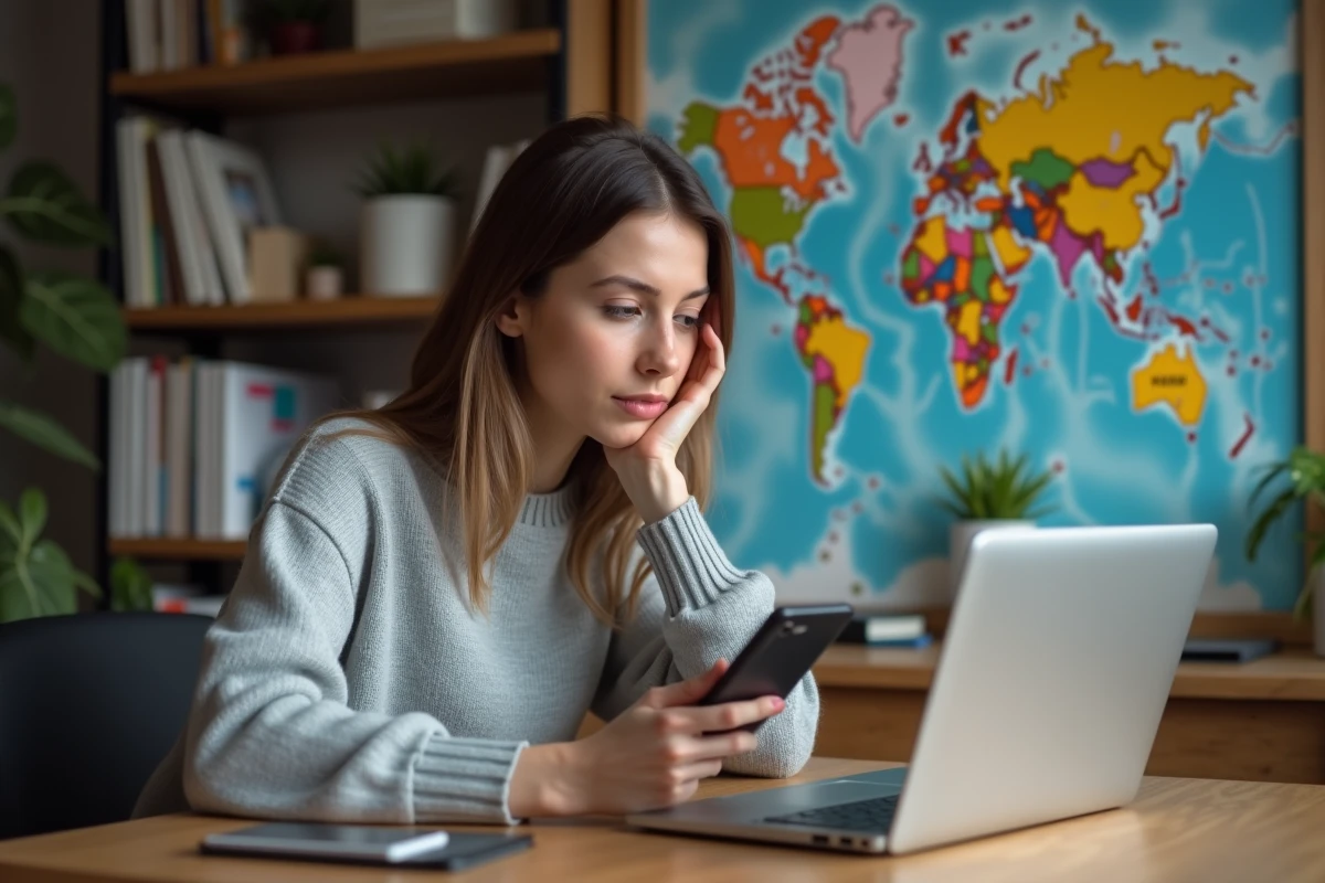 Jeune femme pensant devant son ordinateur dans un bureau
