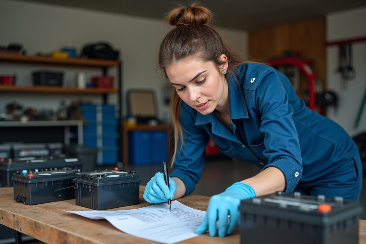 Femme examinant des batteries dans un atelier pratique