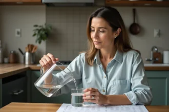 Femme en cuisine vérifiant un tableau de conversion d'eau