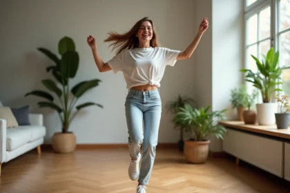 Femme joyeuse en train de danser dans un salon moderne