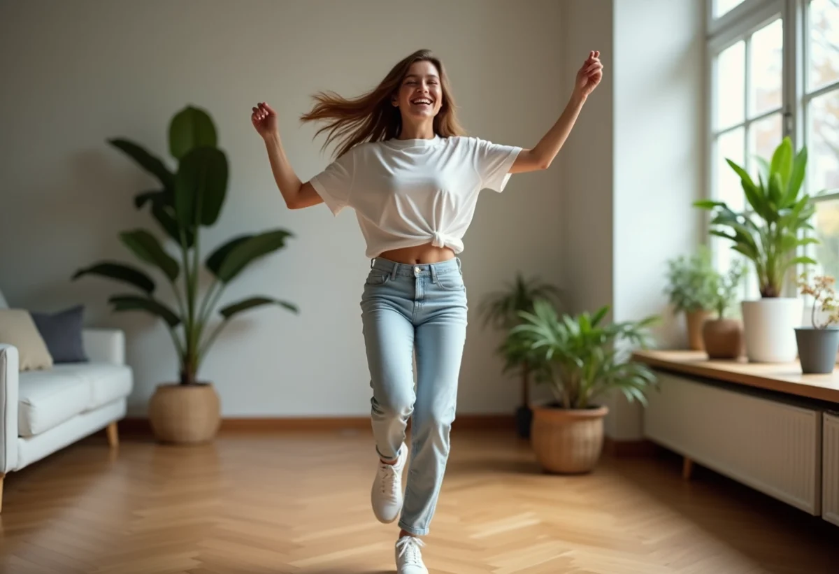 Femme joyeuse en train de danser dans un salon moderne