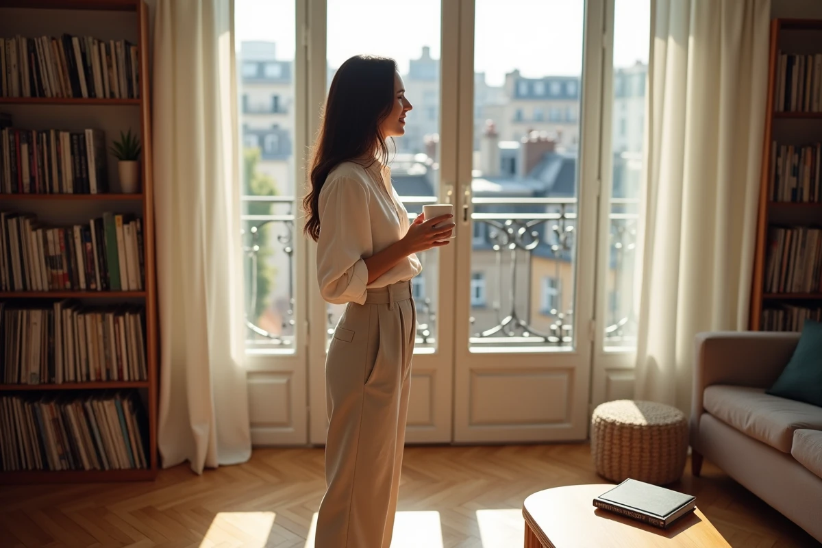 Femme élégante et pensive dans un appartement parisien avec des disques vinyles, illustrant la vie privée d'un couple célèbre