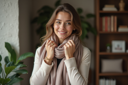 Femme élégante ajustant son foulard en mode naturel