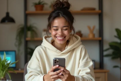 Jeune femme croisant les doigts devant son smartphone avec un sourire amusé, illustrant l'usage de l'emoji croix des doigts sur les réseaux sociaux