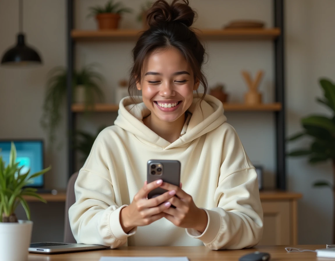 Jeune femme croisant les doigts devant son smartphone avec un sourire amusé, illustrant l'usage de l'emoji croix des doigts sur les réseaux sociaux