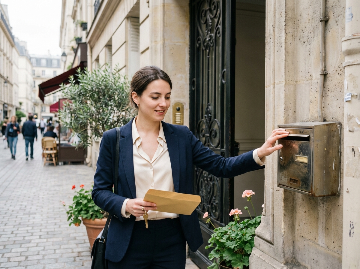 Jeune femme française examine sa boîte aux lettres