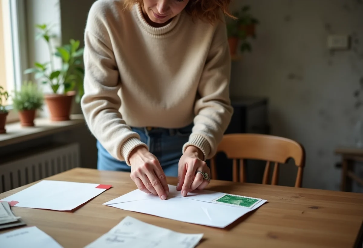 Femme en train d'envoyer une lettre dans une maison française