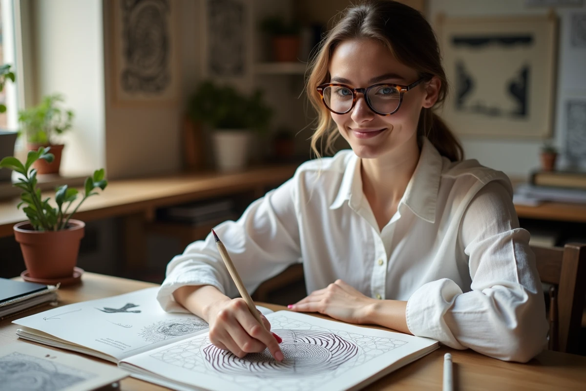 Femme étudiant les motifs de tessellation d'Escher dans des livres d'art sur un bureau de studio artistique