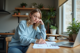 Femme concentrée à la maison avec documents financiers