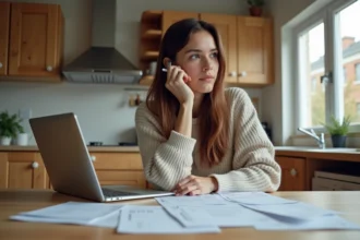Jeune femme examine ses dépenses avec son ordinateur