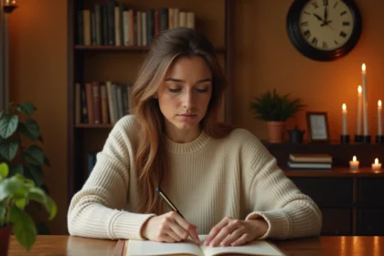 Femme contemplant une horloge analogique affichant 21h21 dans un bureau cosy entouré de livres de numérologie
