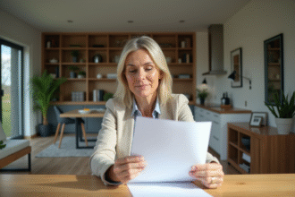 Femme d'âge moyen examinant des documents immobiliers dans un salon lumineux