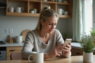 Femme inquiète regardant son smartphone dans la cuisine