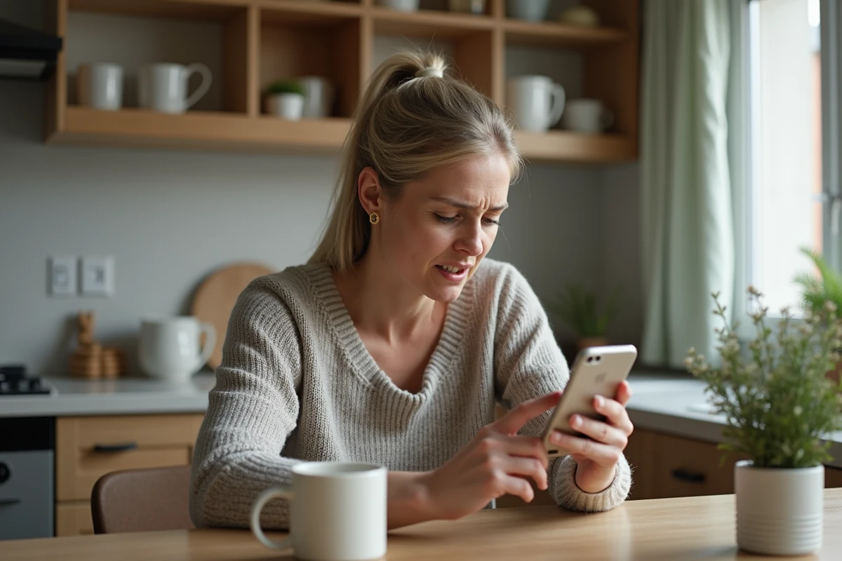 Femme inquiète regardant son smartphone dans la cuisine