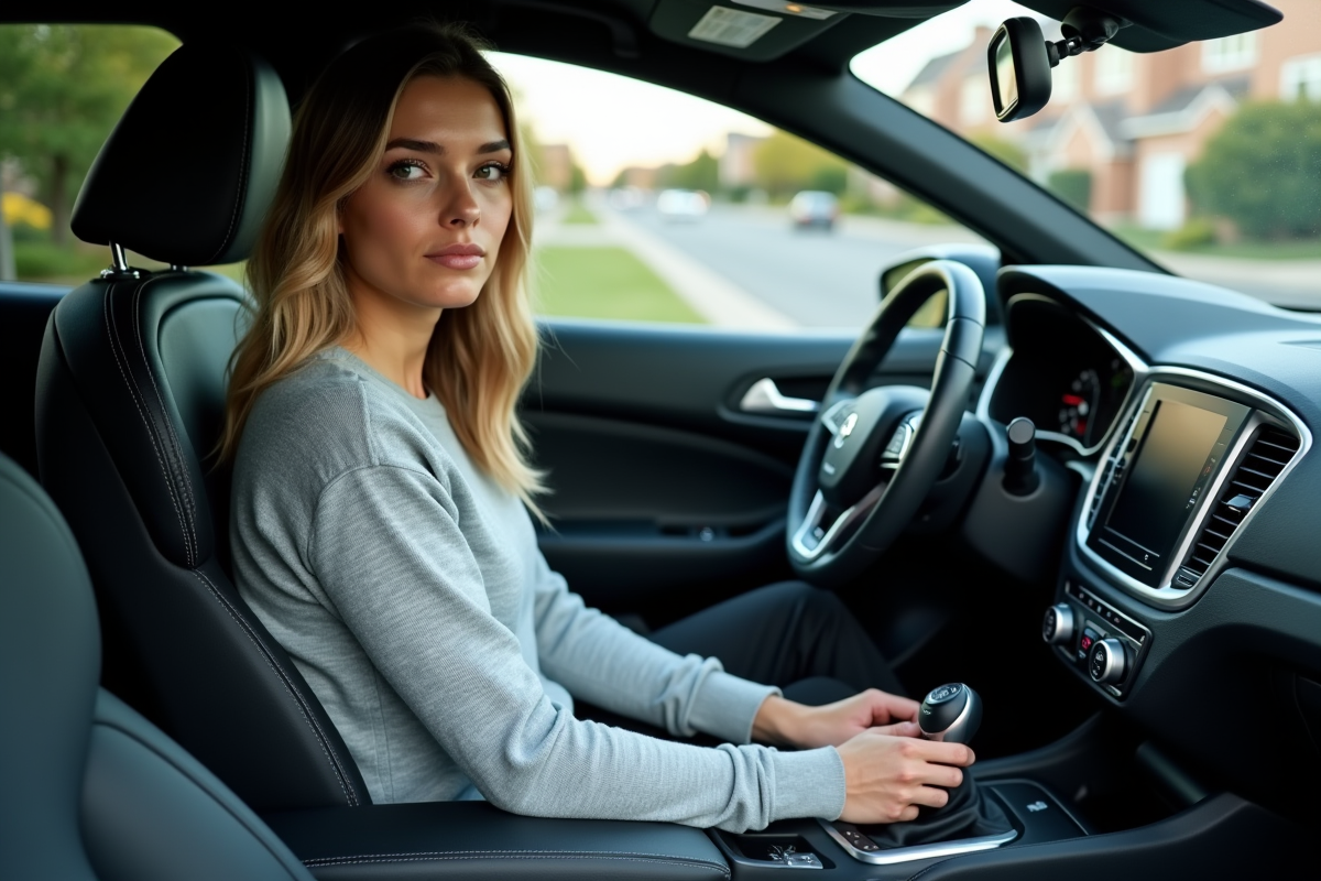 Femme attentive dans l’intérieur d’une voiture sportive