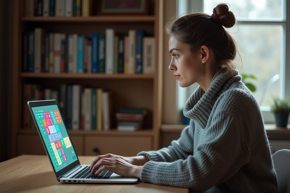 Femme jouant à un jeu de mots croisés en ligne sur son ordinateur portable depuis son bureau à domicile