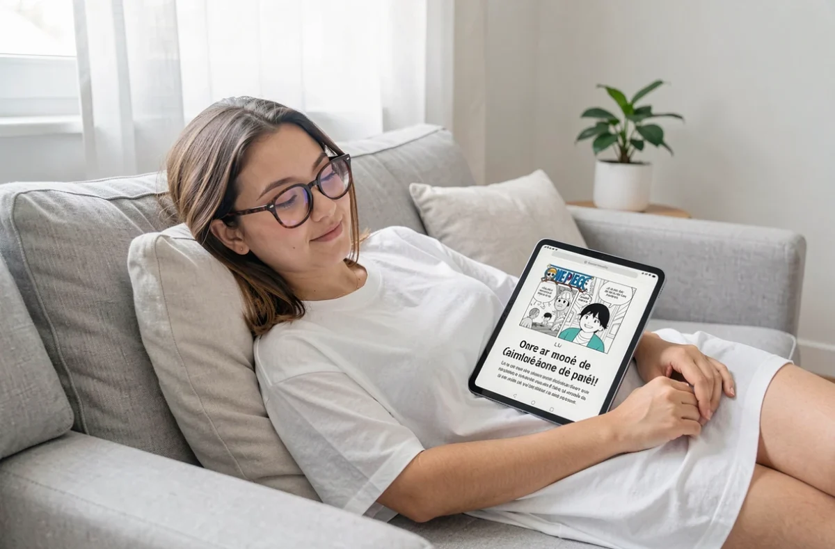 Jeune femme lisant un scan VF de One Piece sur une tablette allongée sur un canapé
