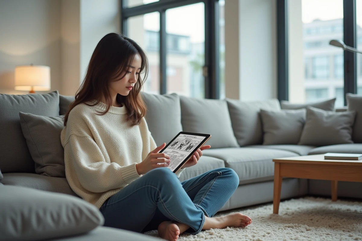 Femme lisant un manga sur tablette dans un salon moderne au style scandinave épuré