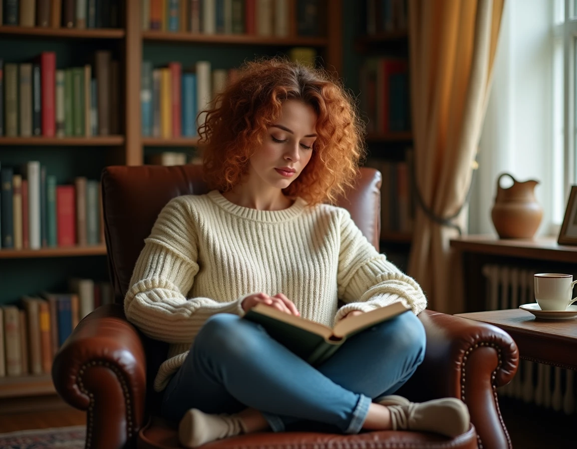 Femme lisant un roman policier cozy installée dans un fauteuil en cuir entouré de bibliothèques chaleureuses