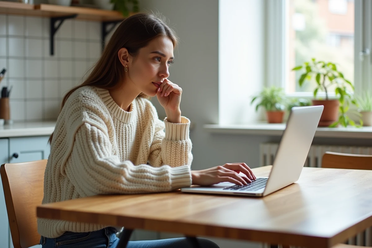Jeune femme lisant des avis en ligne à la maison
