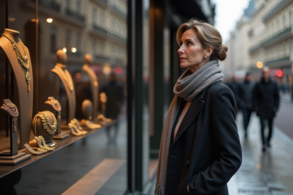 Femme élégante regardant une vitrine de luxe en ville