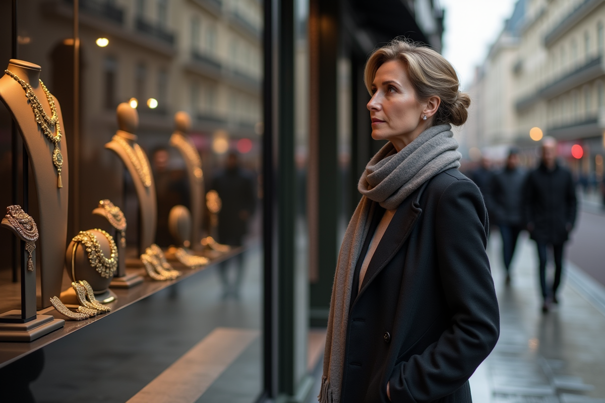 Femme élégante regardant une vitrine de luxe en ville
